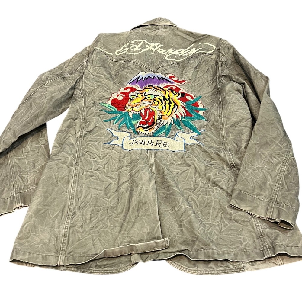 Ed Hardy Denim Dept Jacket Mens L Olive Green Embroidered Tiger Aware Y2K Blazer